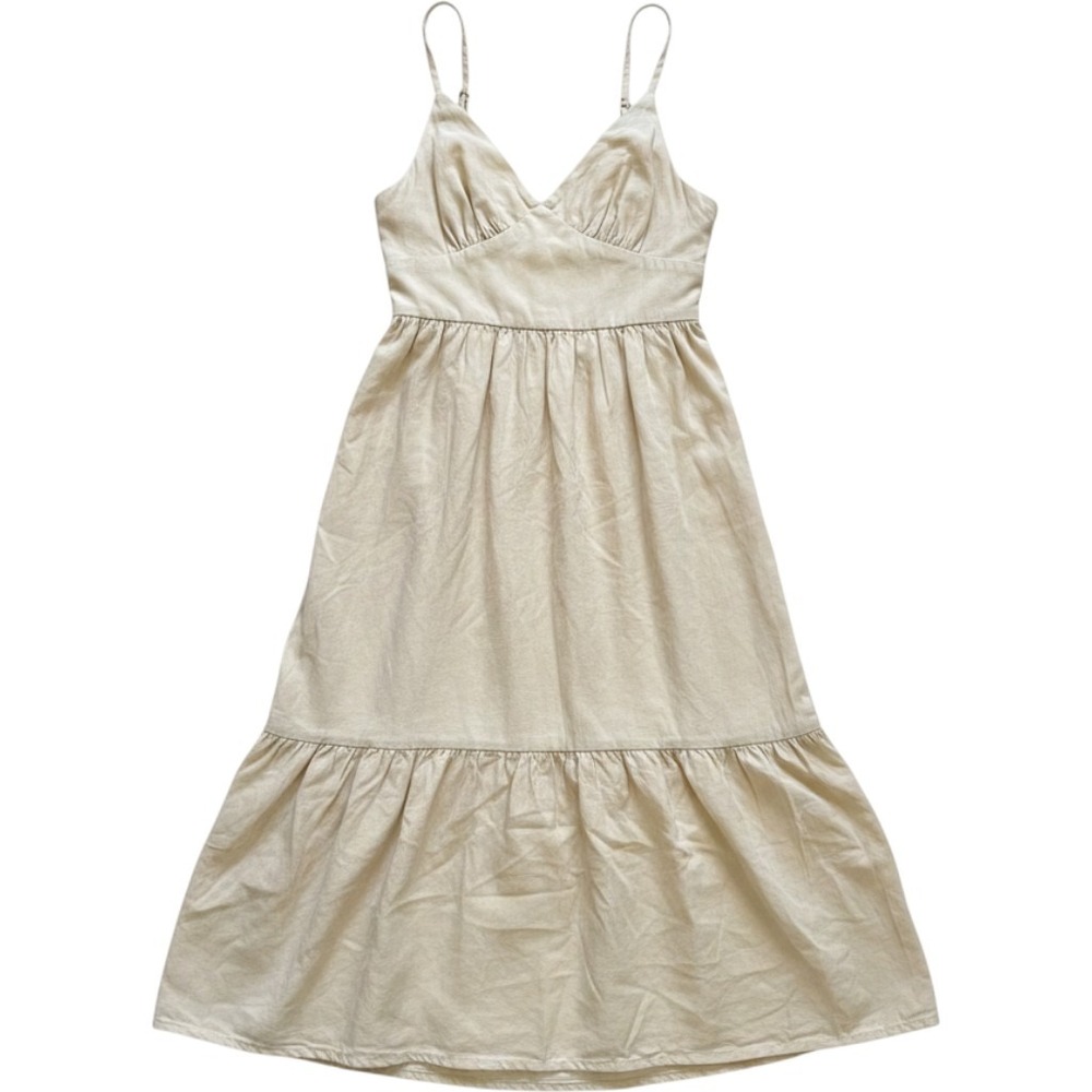 Jopea Beige Linen Blend Midi Dress V-Neck‎ Tiered Ruffle Hem Tie Back Small